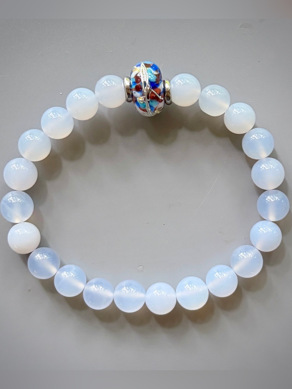 Light Blue Chalcedony and Blue Lampwork Bead Handcrafted Bead Bracelet